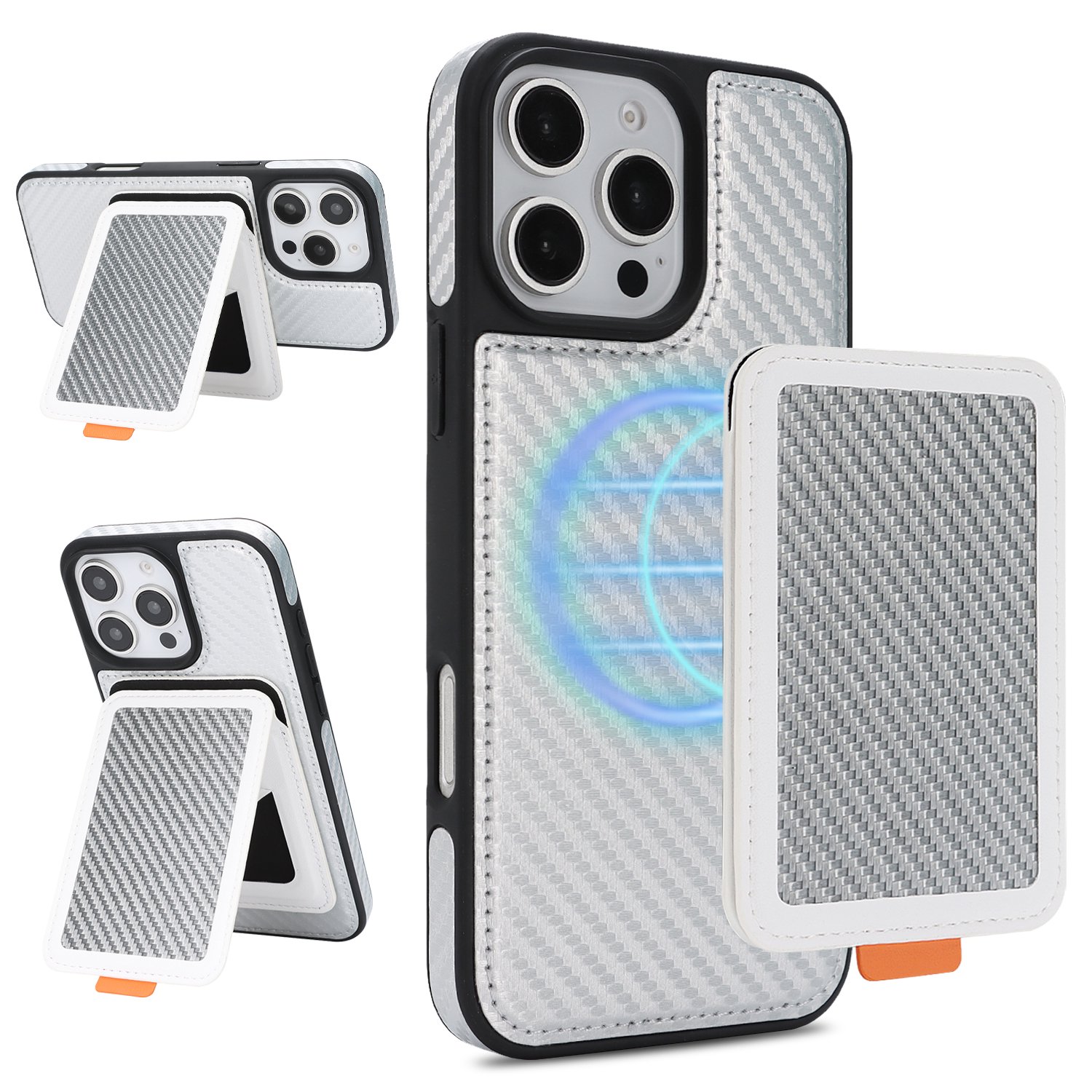For iPhone 15 Plus 2-in-1 Wallet Phone Case Magnetic Detachable Cared Holder With Contractile Kickstand Compatible with Mag-Safe Fiber Pattern PU Leather Shockproof Phone Case White