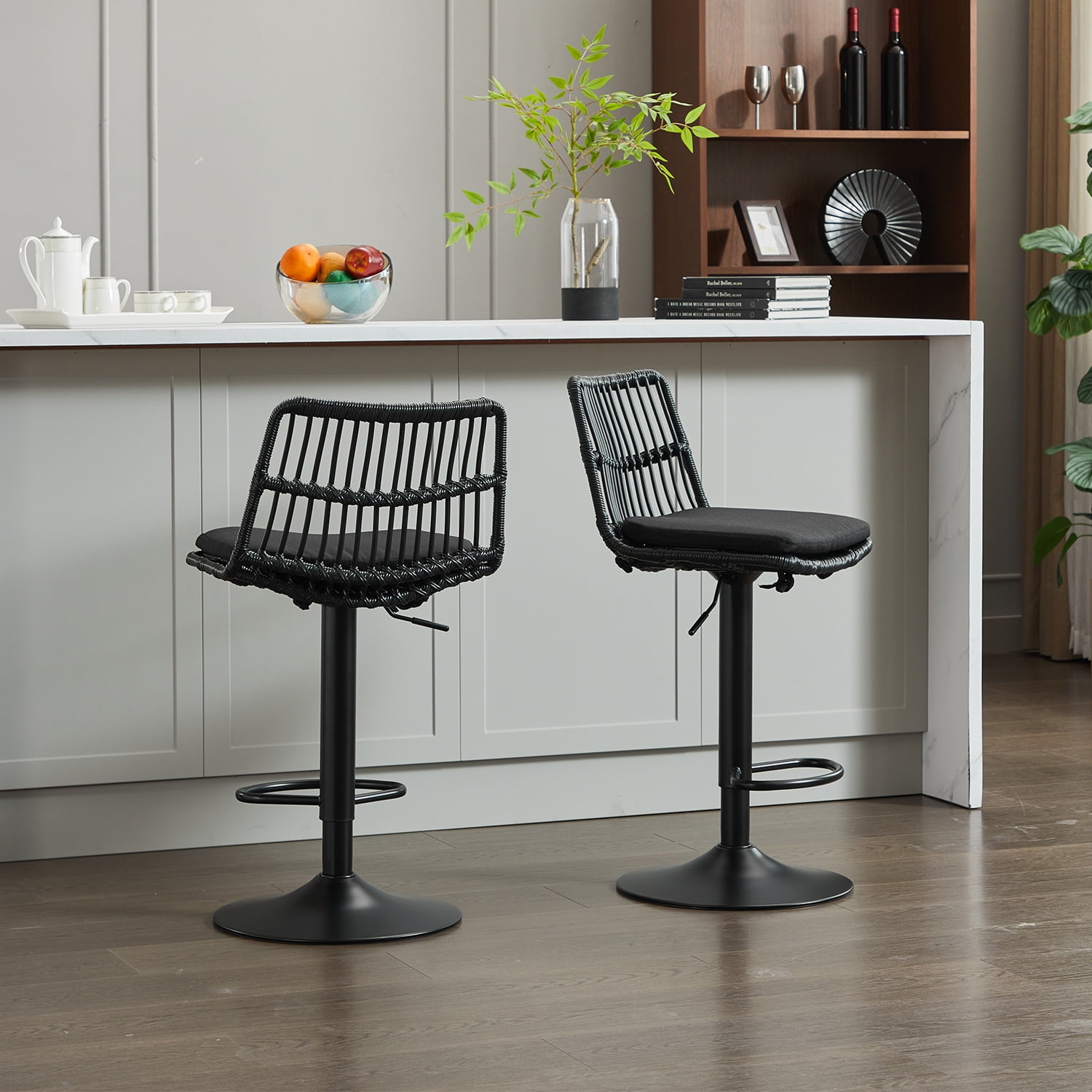 Demi Bonn 35" Counter Height Bar Stools Set of 2, Rattan Swivel Barstools with Back, Kitchen Island Countertop Chairs for Dining Room, Black