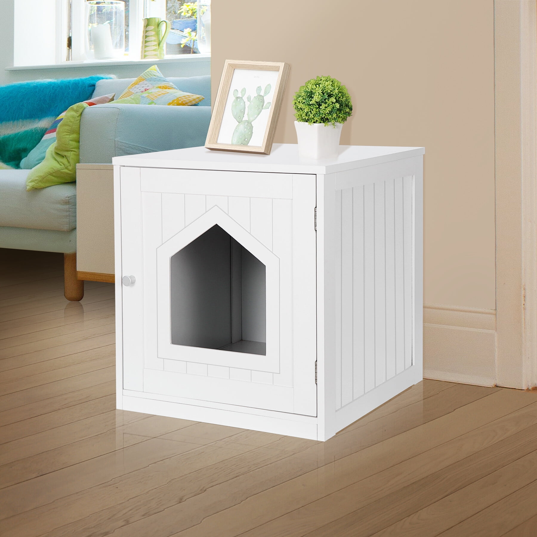 HomGarden 20'' White Cat Washroom Pet House Hidden Litter Box Enclosure & MDF Side Table 18lbs