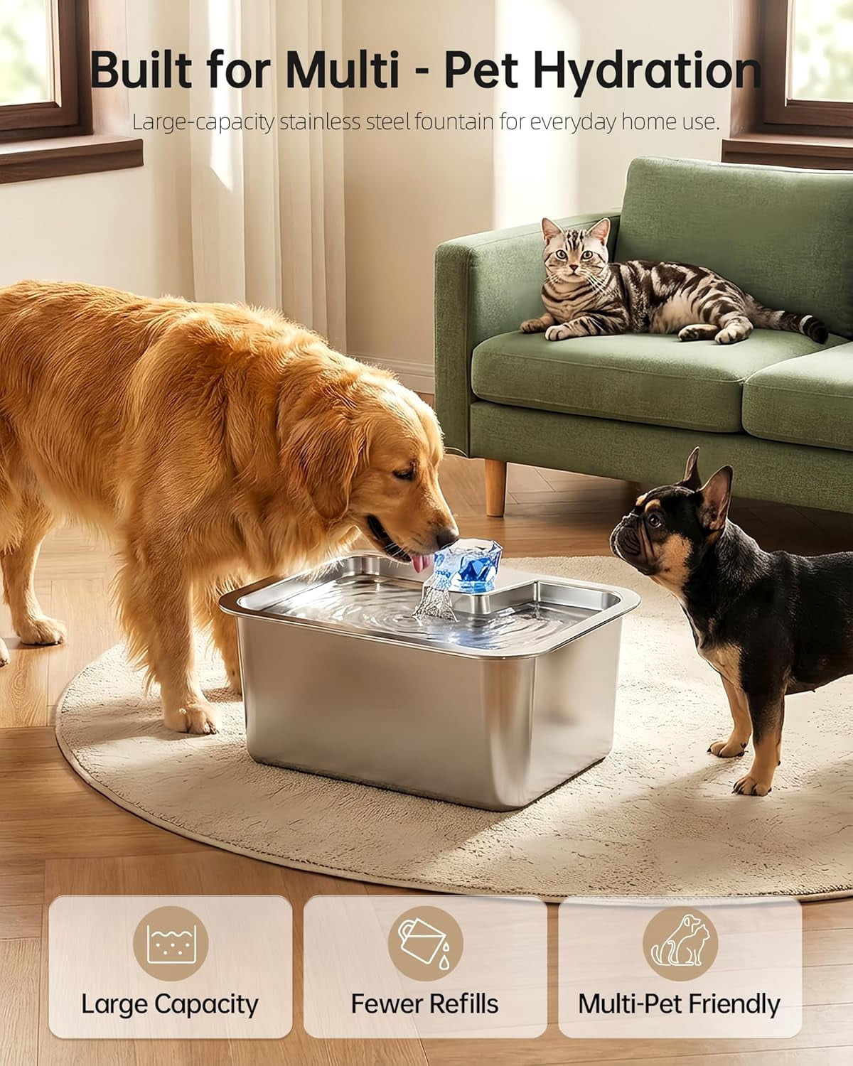 Dog Water Fountain with Silicone Mat - 3 Gallon Stainless Steel Pet Water Fountain with 6 Filters, Quiet Automatic Bowl Dispenser Drinking Waterer for Large Dogs & Multi-pet, Easy to Clean