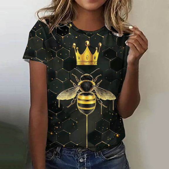 QUNYINEY Pullover Women's T-Shirts Short Sleeve Crew Neck Casual Bee Tops Loose Women Tops