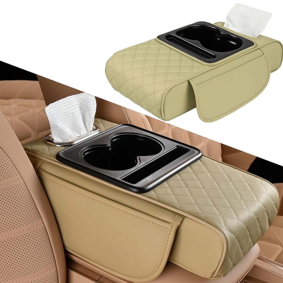 5-in-1 PU Leather Car Armrest Box Mat – Multifunctional Center Console Cover with Cup Holder, Tissue Slot & Phone Holder for Most Cars