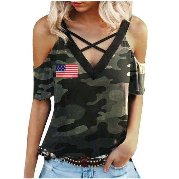 Ichuanyi Womens Shirts , Women V-Neck Short Sleeve Printing Strappy Cold Shoulder T-Shirt Tops Blouses