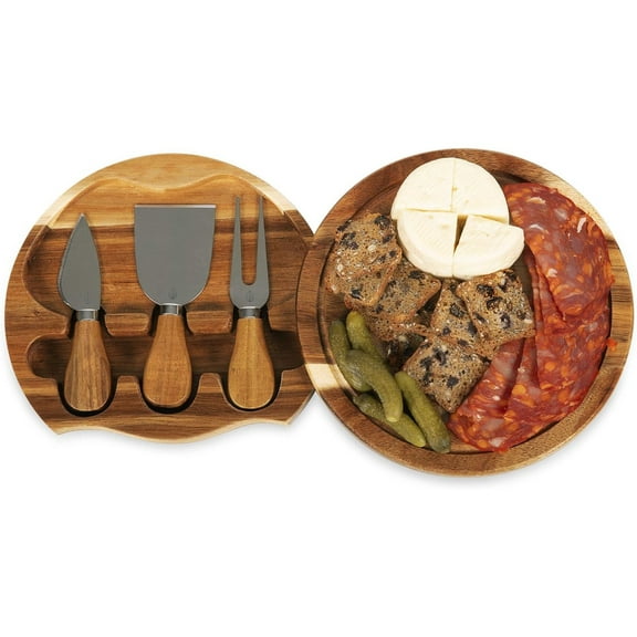 Acacia Brie Cheese Board and Knife Set - Charcuterie Board Set - Wood Cutting Board, (Acacia Wood) 7.5 Inches