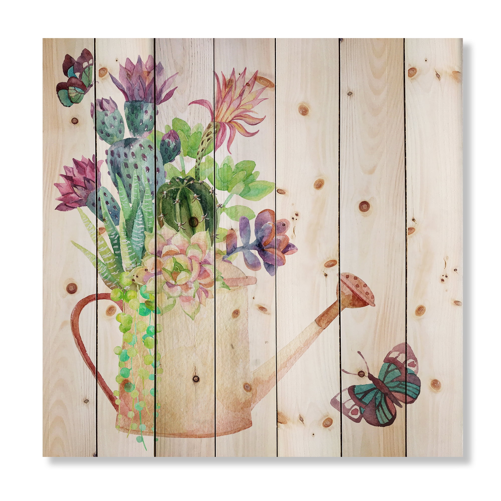 Designart 'Succulents In Old Watering Can With Butterfly' Farmhouse Print on Natural Pine Wood