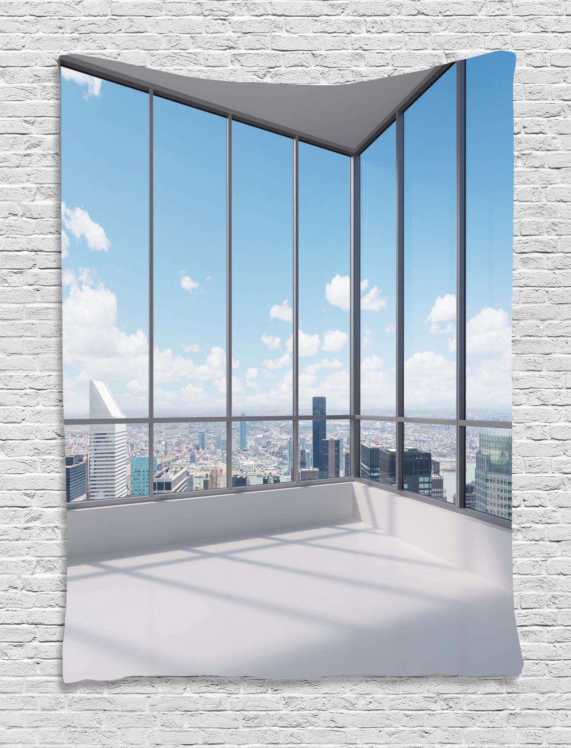 Modern Decor Tapestry, Cityscape Office with Big Windows Clear Sunny