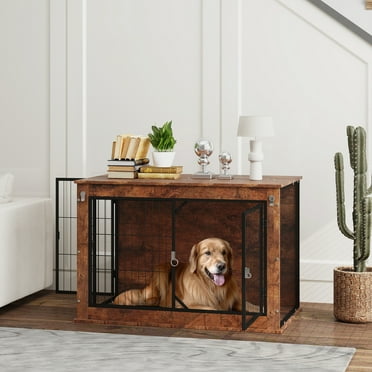 PawHut Dog Crate Furniture, 39" Dog Kennel Furniture with Flip-up Top Opening, 2 Doors, Dog Cage Side End Table for Large Dogs, Rustic Brown