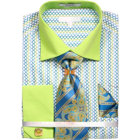 Men's Printed Honeycomb French Cuff Shirt with Tie Handkerchief Cufflinks