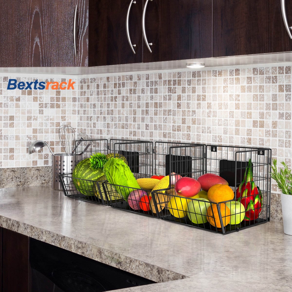 Bextsrack 3 Layer Stackable Wire Baskets Fruit Baskets,Fruit Bowl for Kitchen Counter With wheels Black