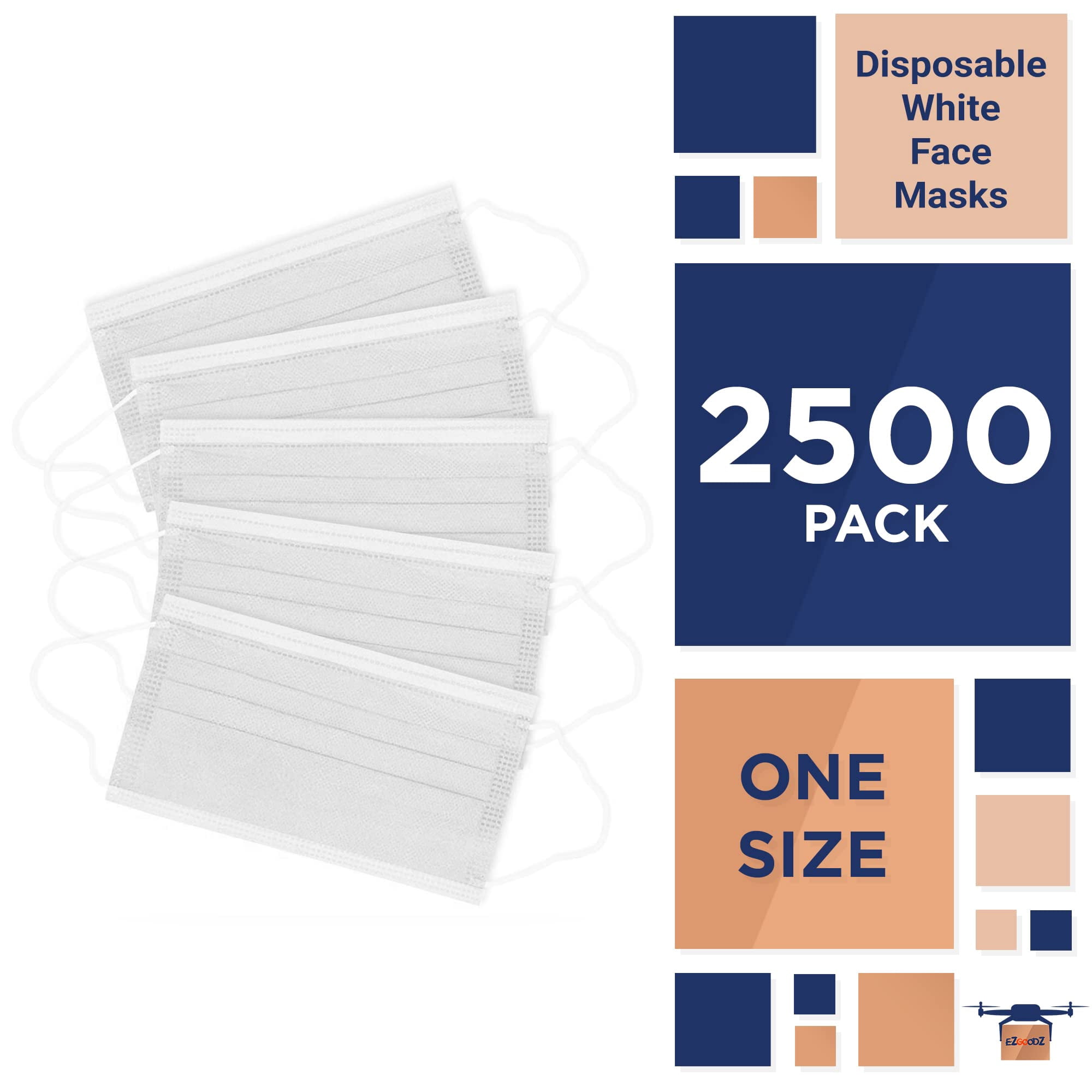White Disposable Face Masks, 4-Ply Polypropylene Procedure, 2500 Count, One Size