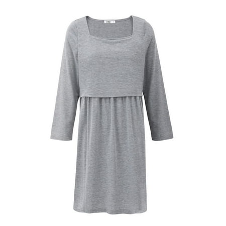 

3 in 1 Maternity Nursing Nightgown Labor/Delivery Hospital Gown Long Sleeve Pleated Breastfeeding Dress Gray S-3XL