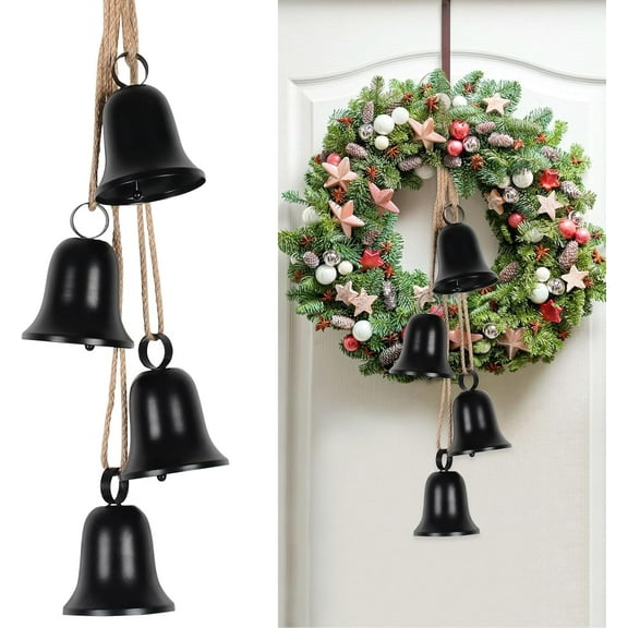 4 Pcs Handmade Rustic black Bells - Vintage Christmas Decorations with Jute Ropes, Ideal for Xmas Tree & Fireplace