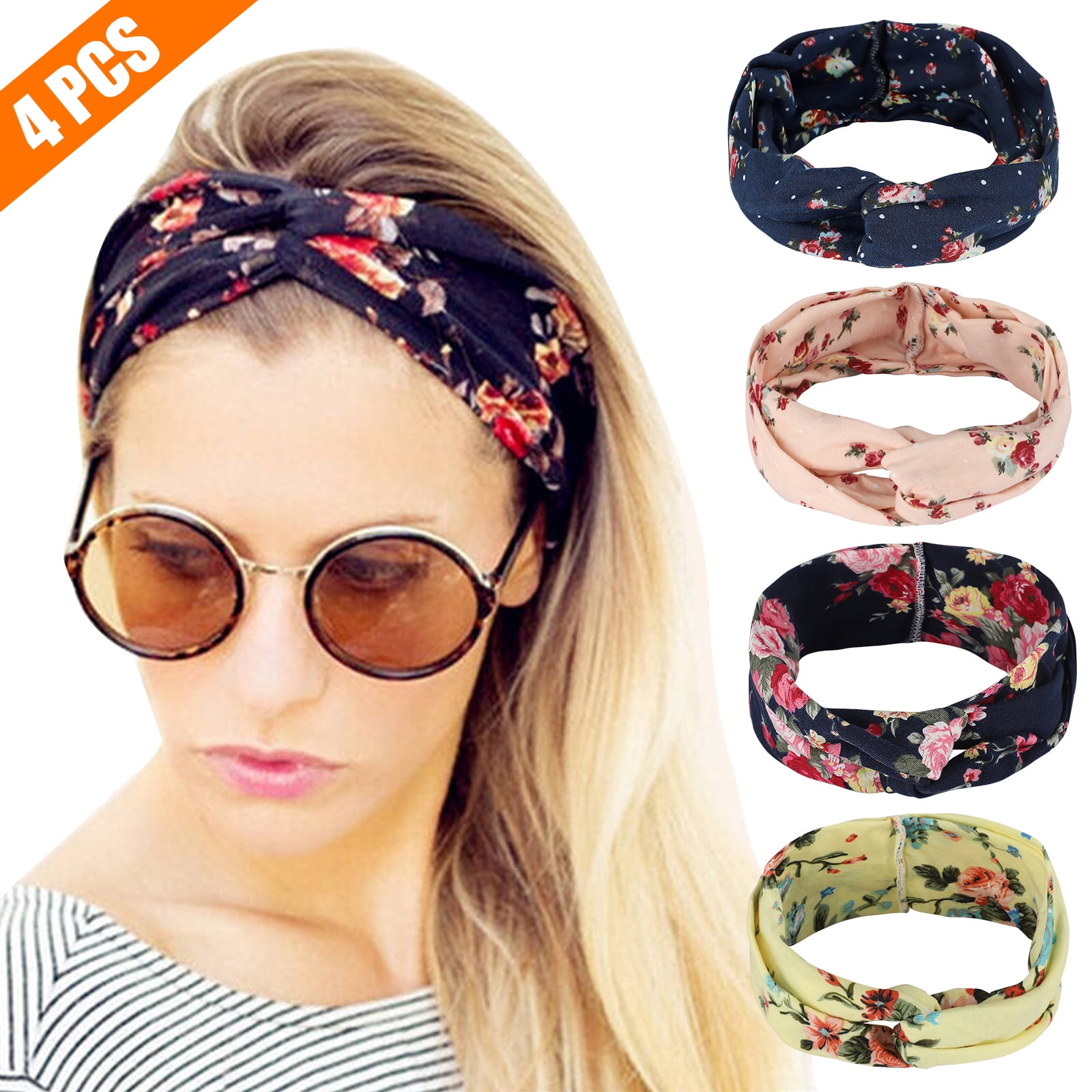 EEEkit 4 Pack Turban Boho Headbands for Women, Flower Printed Cross