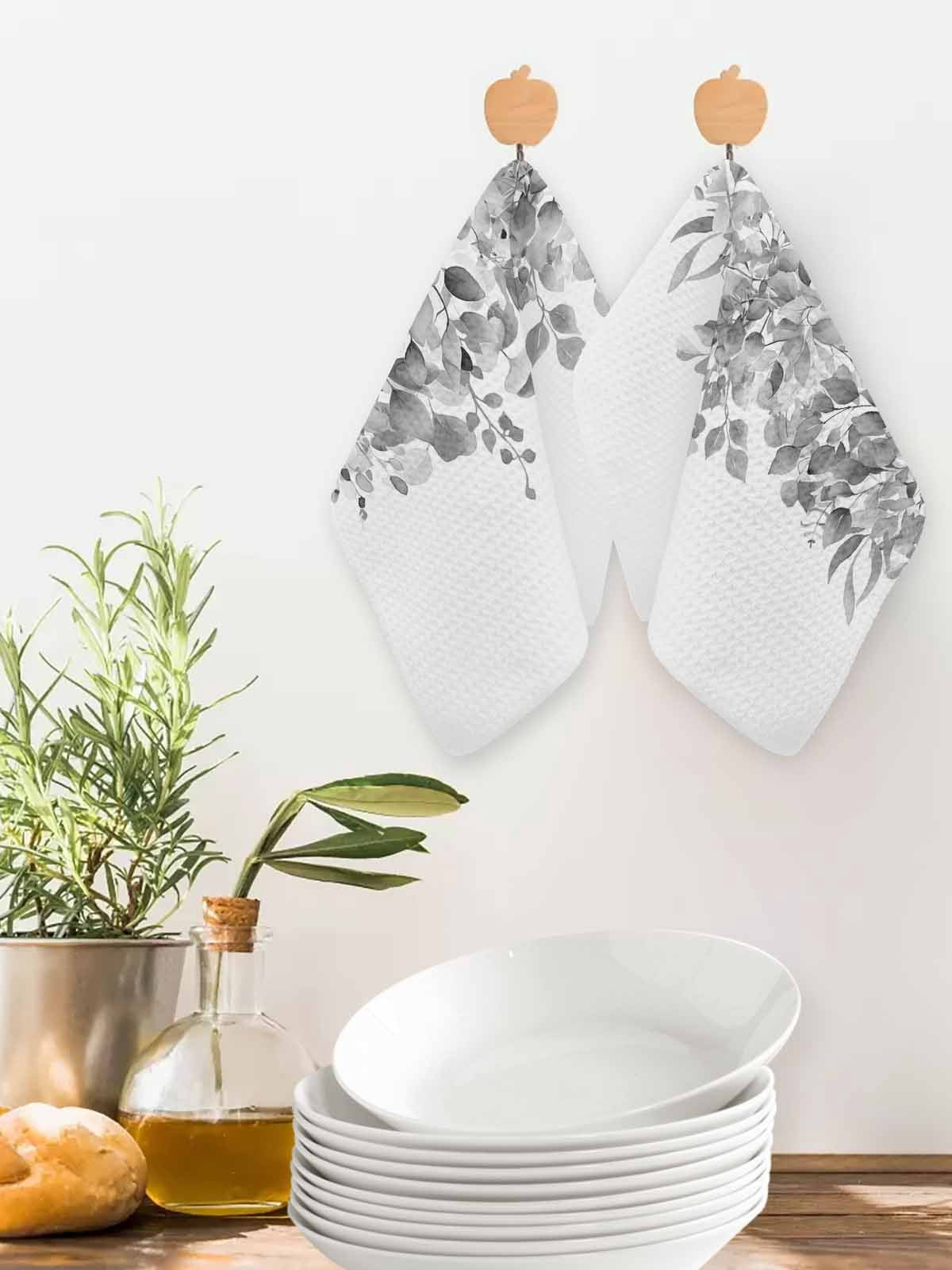 Black Grey Eucalyptus Leaves Dish Towels Set,Waffle Weave Kitchen Towels 3Pcs, Spring Summer Botanical Floral Microfiber Hair Face Bath Tea Towel Absorbent Quick Drying Cleaning Dish Cloths 12"x12"