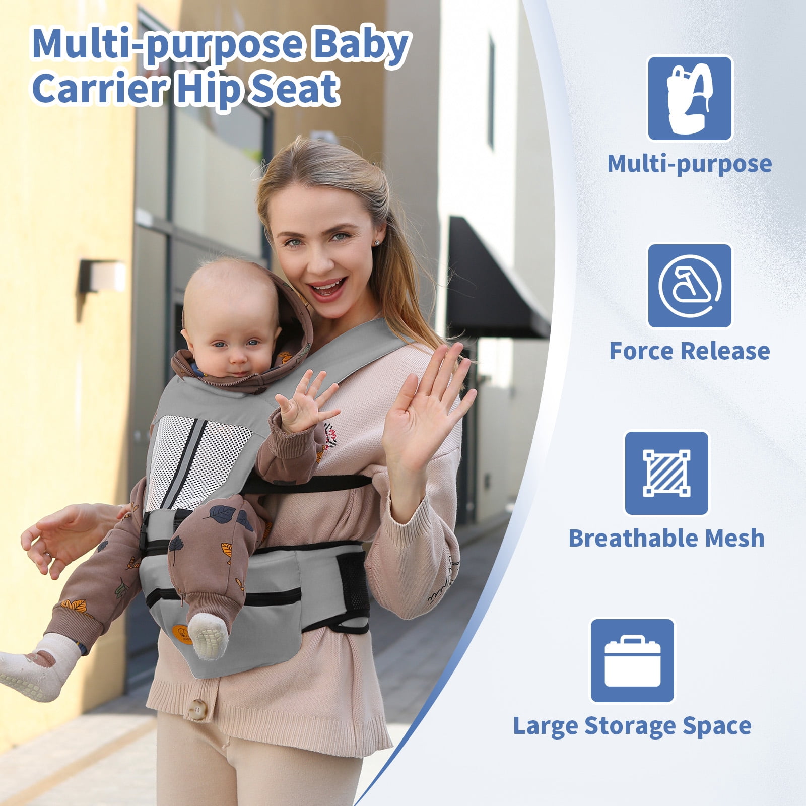 Babyltrl 6-in-1 Baby Carrier with Hip Seat,Ergonomic Infant Carrier Backpack,Breathable Wrap Seat for Newborn Toddlers up to 44 lbs,Gray