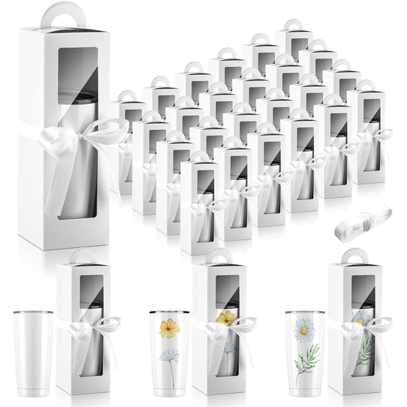 24 Pcs Tumbler Gift Box with Handle for 12oz 16oz 20oz 30oz Clear Wine Glass Gift Box Sublimation Tumblers Heat Press Blanks Bottle for Christmas Wrapping Packaging(White)