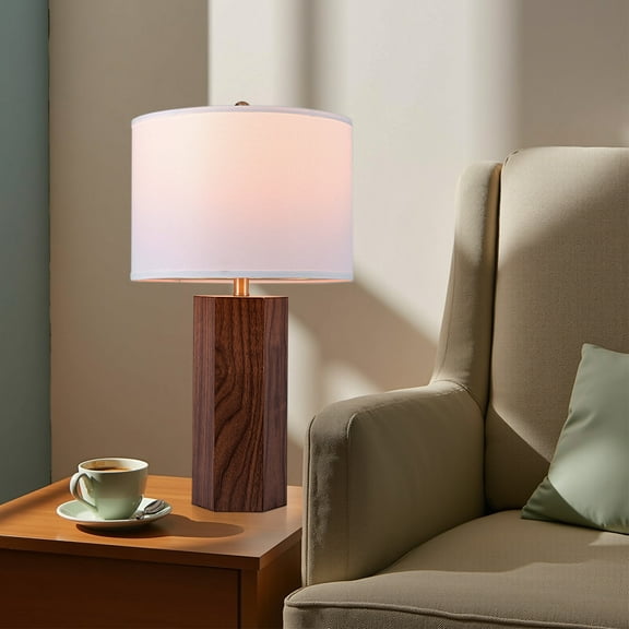 26" Modern Wood Table Lamp With White Linen Shade, Brown Wood Base, E26 Socket, ON/OFF Switch, Aesthetic, Minimalist Bedside Accent Lamp(Bulbs Not Included)