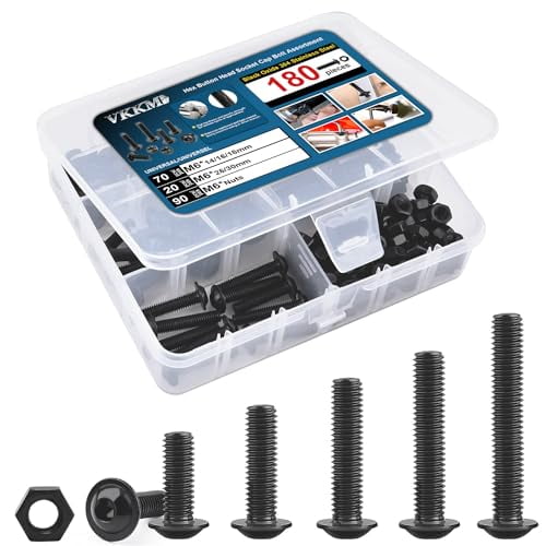 180 pcs M6 Hex Button Head Socket Cap Flange Bolt Assortment Kit/Screws & Nuts Set/Black Oxide, M6 x 14/16/18/25/30mm, Reusable Storage Case with Adjustable Dividers