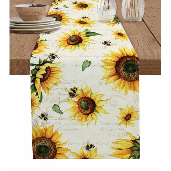 Yellow Sunflowers Bees Table Runner 72 Inches, Summer Country Floral Rustic Bed Runner Dresser Scarves Tabletop for Indoor Outdoor Parties/Ceremony/Banquet, 14" x 72"
