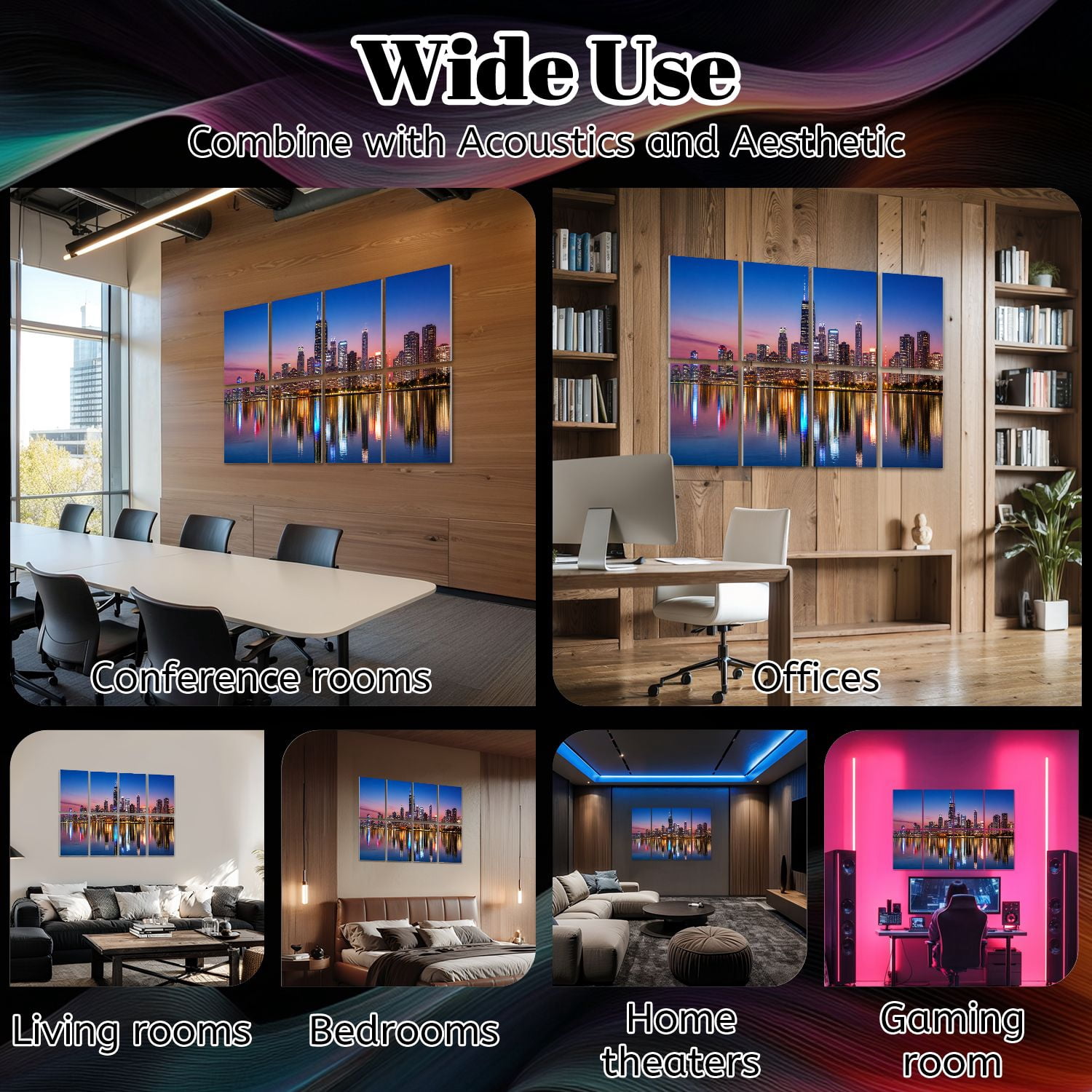 8 Pack Art Acoustic Panels Sound Absorbing Chicago Cityscape Lake Michigan Night Decorative Soundproof Wall Panels Self Adhesive for Nursery Game Room Bedroom 48"x32"