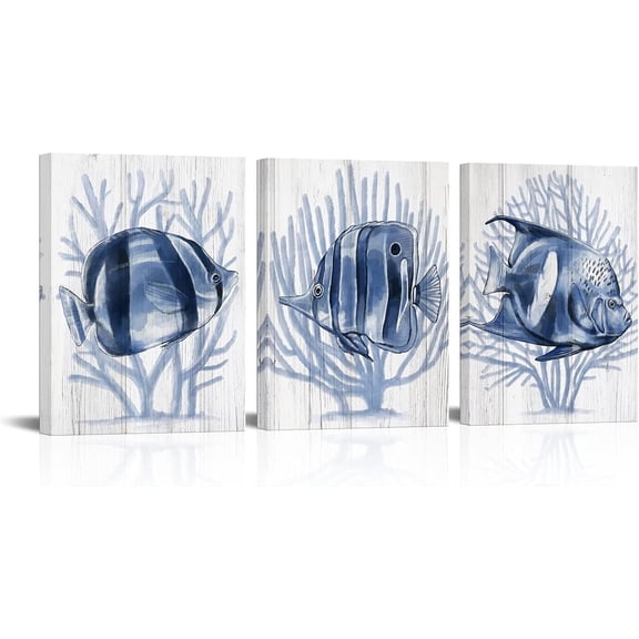Hieng 3 Piece Tropical Fish Canvas Wall Art Sea Animal with Blue Coral Painting Prints Marine Life Pictures for Living Room Bedroom Bathroom Navy Decor Unframed