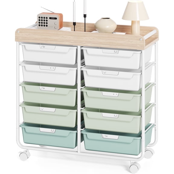 Rolling Storage Cart with 10 Drawers, KK KINGRACK Drawer Cart with Sturdy Frame for Craft Office School Storage, Green
