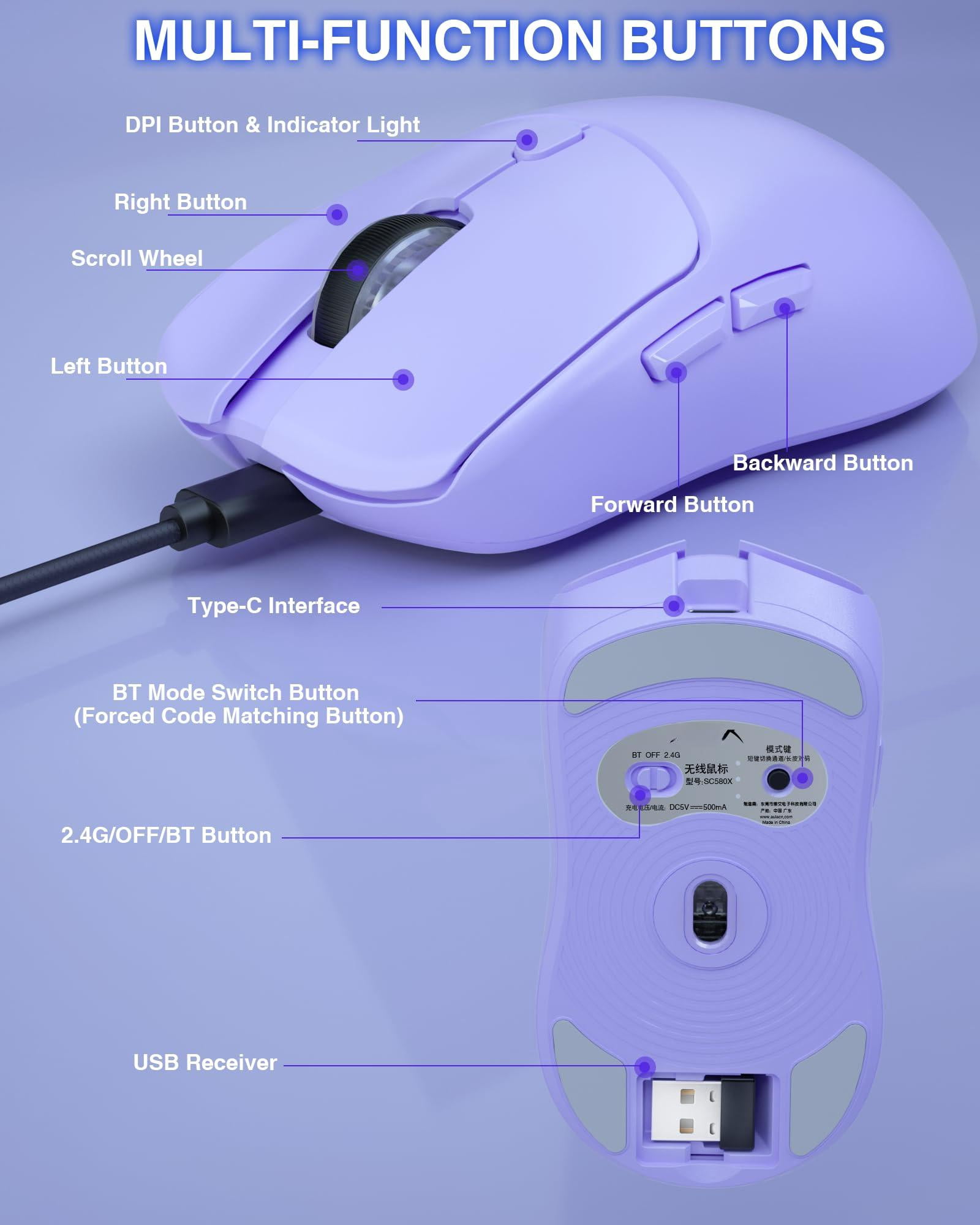 Sc580x Wireless Gaming Mouse  Tri-mode 2.4g/bt5.0/usb-c Mice With 12000 Dpi 6 Buttons Rechargeable Computer For Laptop/pc/mac/tablet