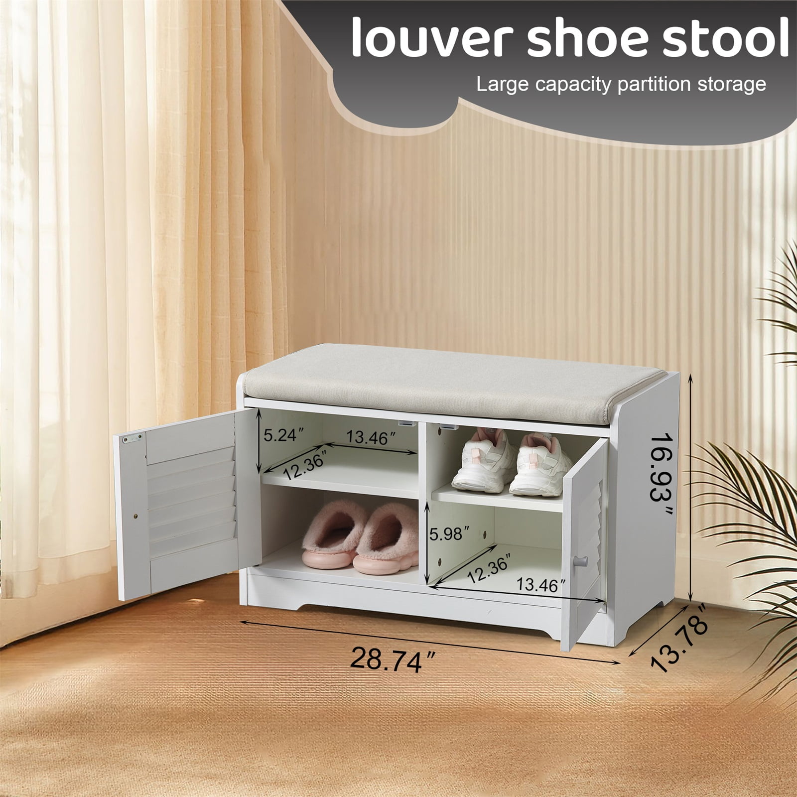 Hommoo Modern Shoe Storage Bench with Cushion, Entryway Shoe Rack Bench with Shutter Doors, Shoe Cabinet with Adjustable Shelves, Ancient White