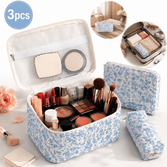 Genreen 3 Pack Large Makeup Bag, Cute Cosmetic Bag for Women Girls, Floral Coquette Aesthetic Toiletry Bag, Travel Make Up Organizer Bag ((Blue Flower))
