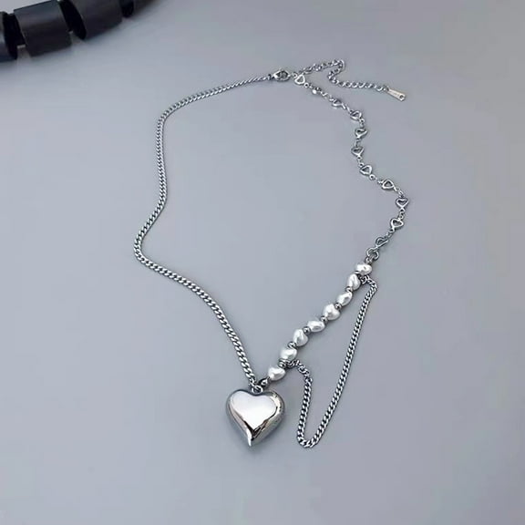 Lisonu Heart Pendant Necklace, Silver Chain Choker with Pearls, Heart Charm Lariat Y Necklace, Adjustable 51-80cm, Women's Jewelry for Daily Wear Silver