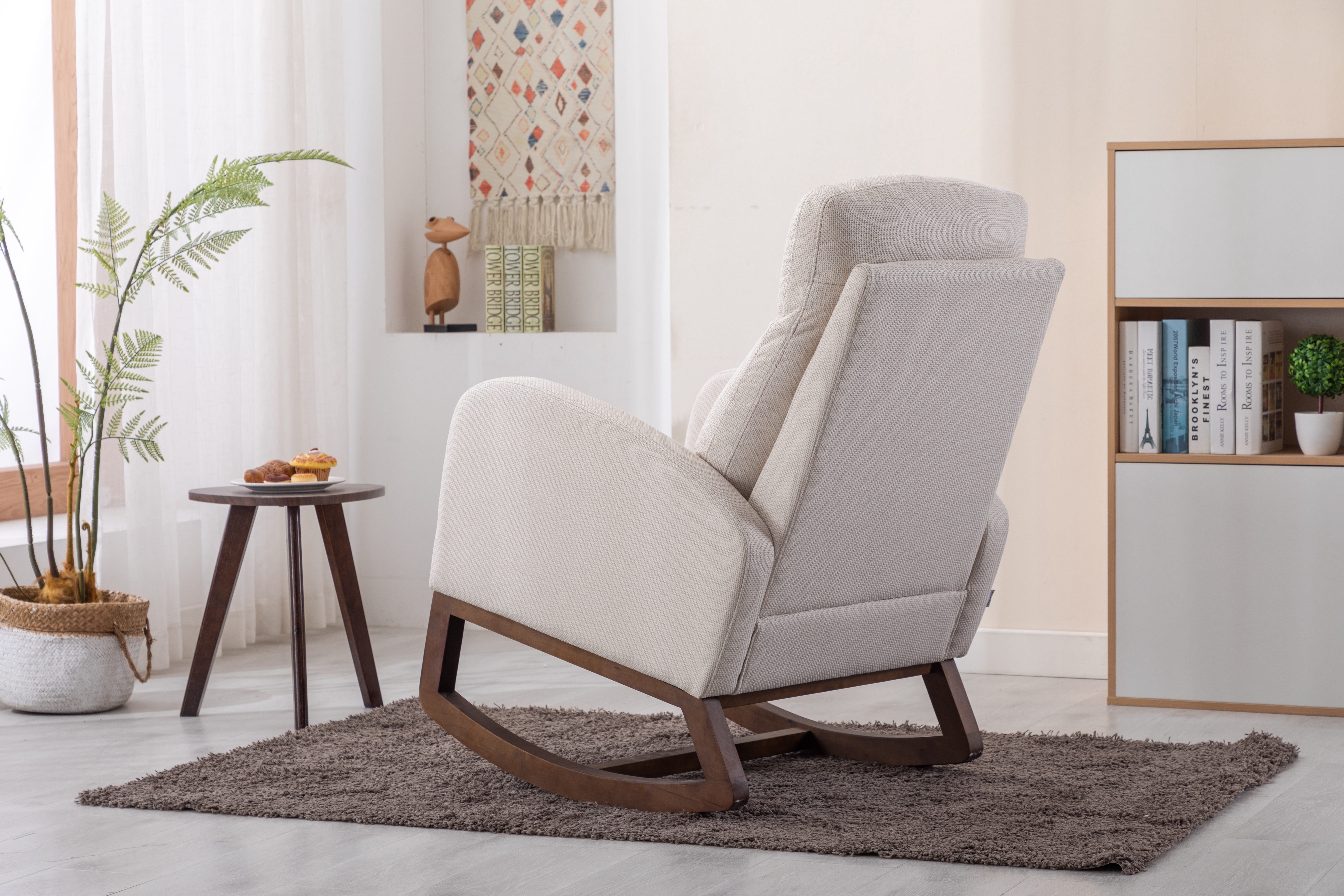 Rocking Chair, Modern Glider Chair, Recliner Armchair with Wood Legs and Side Pocket, Nursery Rocking Accent Chair with High Back for Living Room Bedroom, Beige