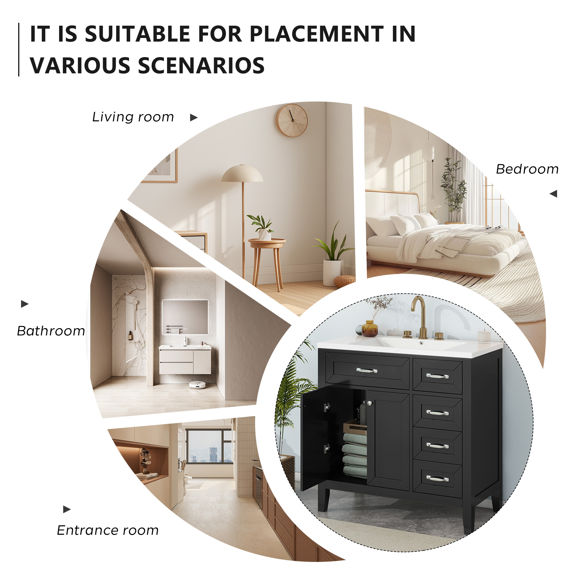 Soges 36" Bathroom Vanity with Sink Combo, Solid Wood Bathroom Makeup Cabinet with Door, Adjustable Shelf and 5 Drawers, Free Standing Single Basin Vanity Set, Durable & Easy to Clean, Black
