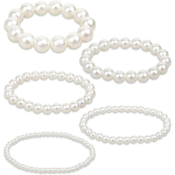 5 Pcs White Pearl Bracelets for Women, White Stretch Bridesmaid Pearl Bracelets Bridal Wedding Elastic Bracelets Stackable Faux Pearl Bracelets for Lady Pearl Beaded Bracelets