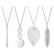 YQZIYOU 4 Pieces Long Necklaces Silver Bar Feather Circle Leaf Lock Tassel Y Necklace Set for Women