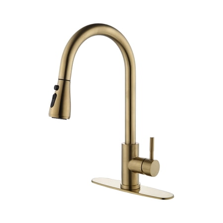 Izzovium Brushed Gold Kitchen Faucet with Pull Out Sprayer 360° Swivel High Arc Stainless Steel Faucet 2 Water Modes (Stream/Spray) Single Handle for Easy Control