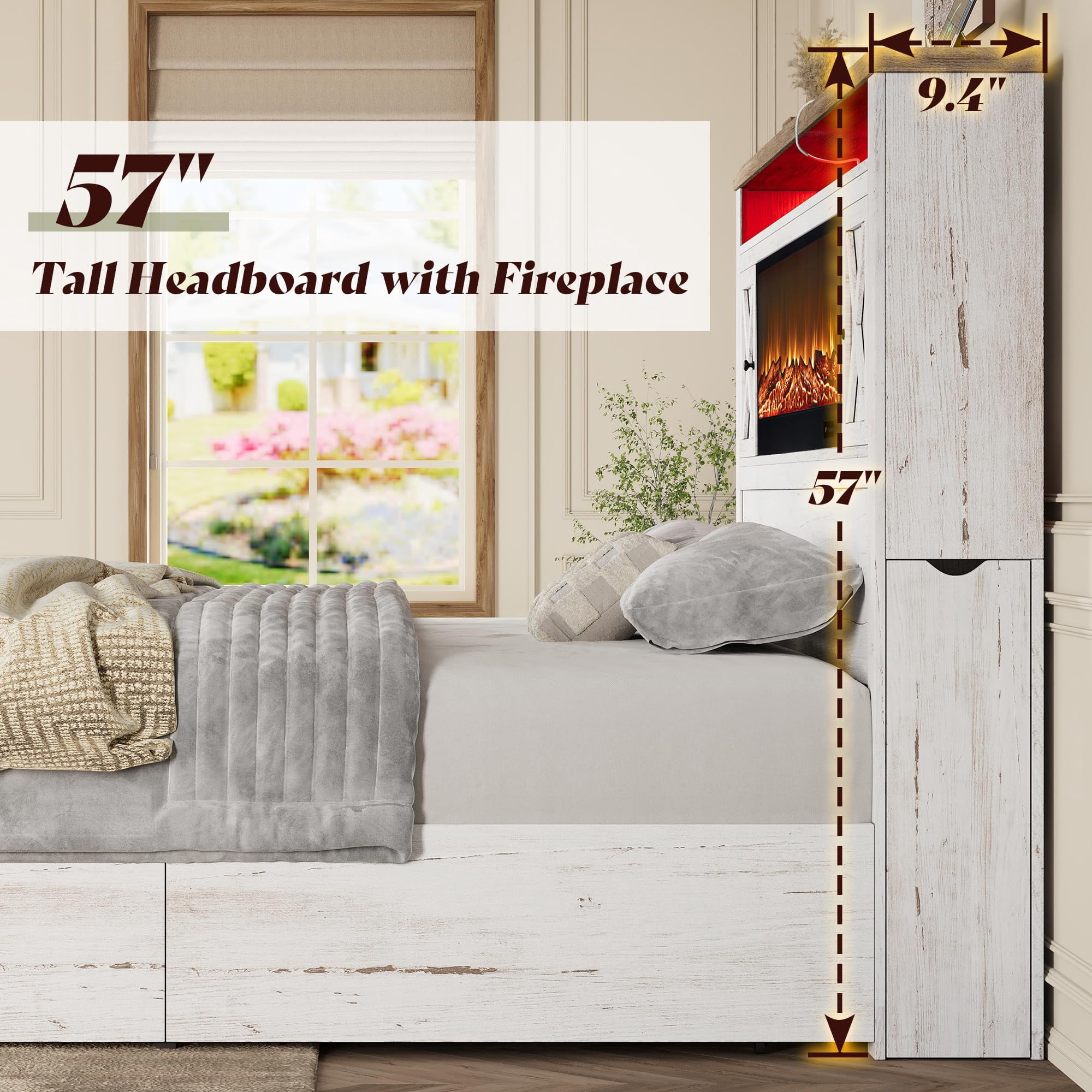 Amerlife Queen Bed Frame with Fireplace, Farmhouse with 57" Headboard, Barn Door Cabinets, 4 Drawers, RGB LED & Charging Station, Distressed White