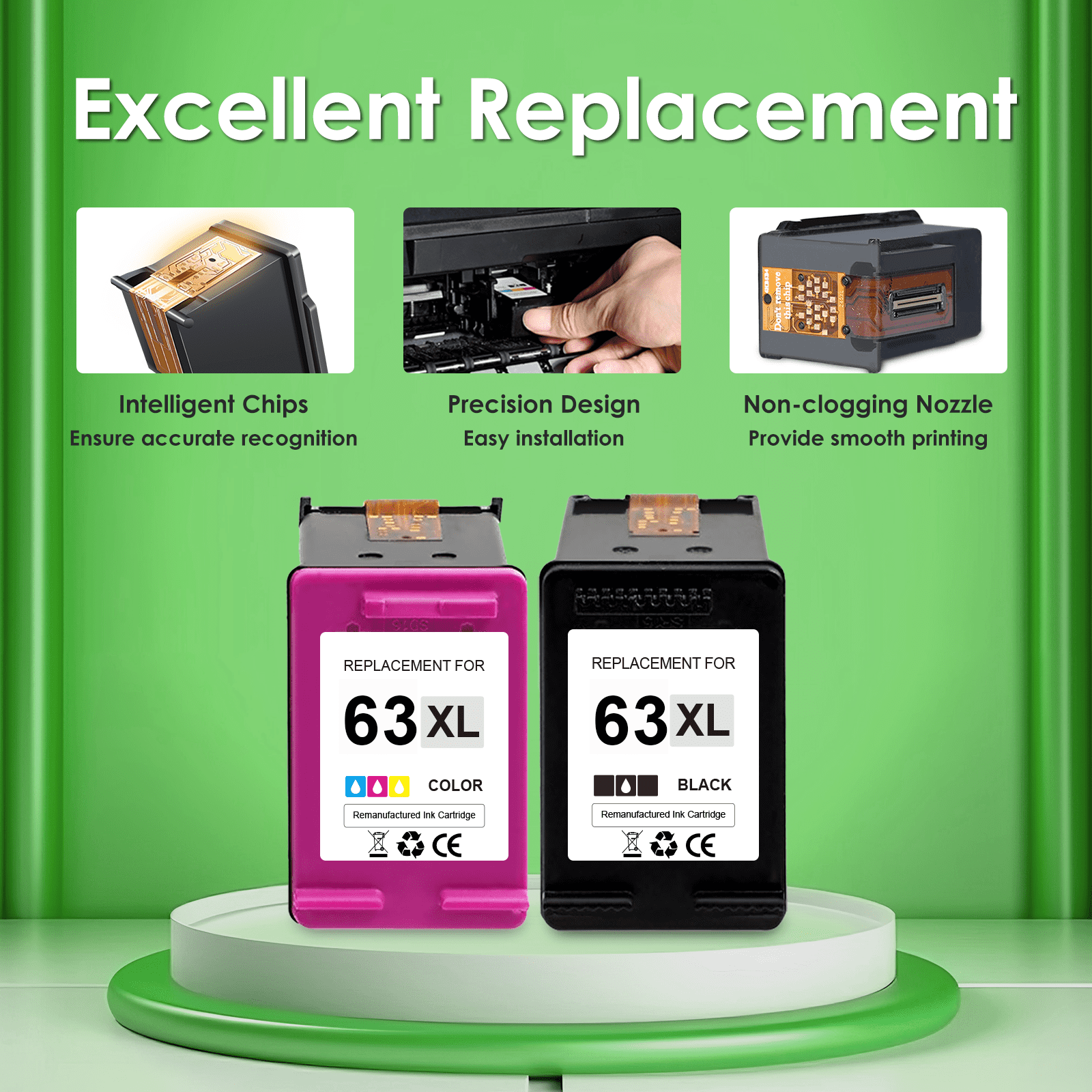 63 Ink Cartridge Compatible for HP 63XL for HP Ink 63 Printer Ink 63 for Officejet 3830 5255 5260 Envy 4520 4512 (2 Pack)