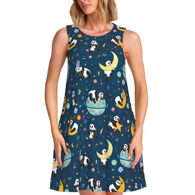 Disketp Space Sleeping Panda para Vestido sin Mangas para Mujeres, Vestidos de Verano para Mujeres, Casual y Holgado para la Playa