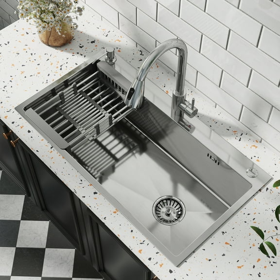 Kviwasha 28x18 Undermount Kitchen Sink Single Bowl Basin Stainless Steel Kitchen Bar with Multiple Accessories