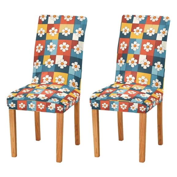 Yayeee 2 Pack Dining Chair Covers Stretch Parson Chairs Slipcovers Seat Protector, Yellow Checkered Daisy