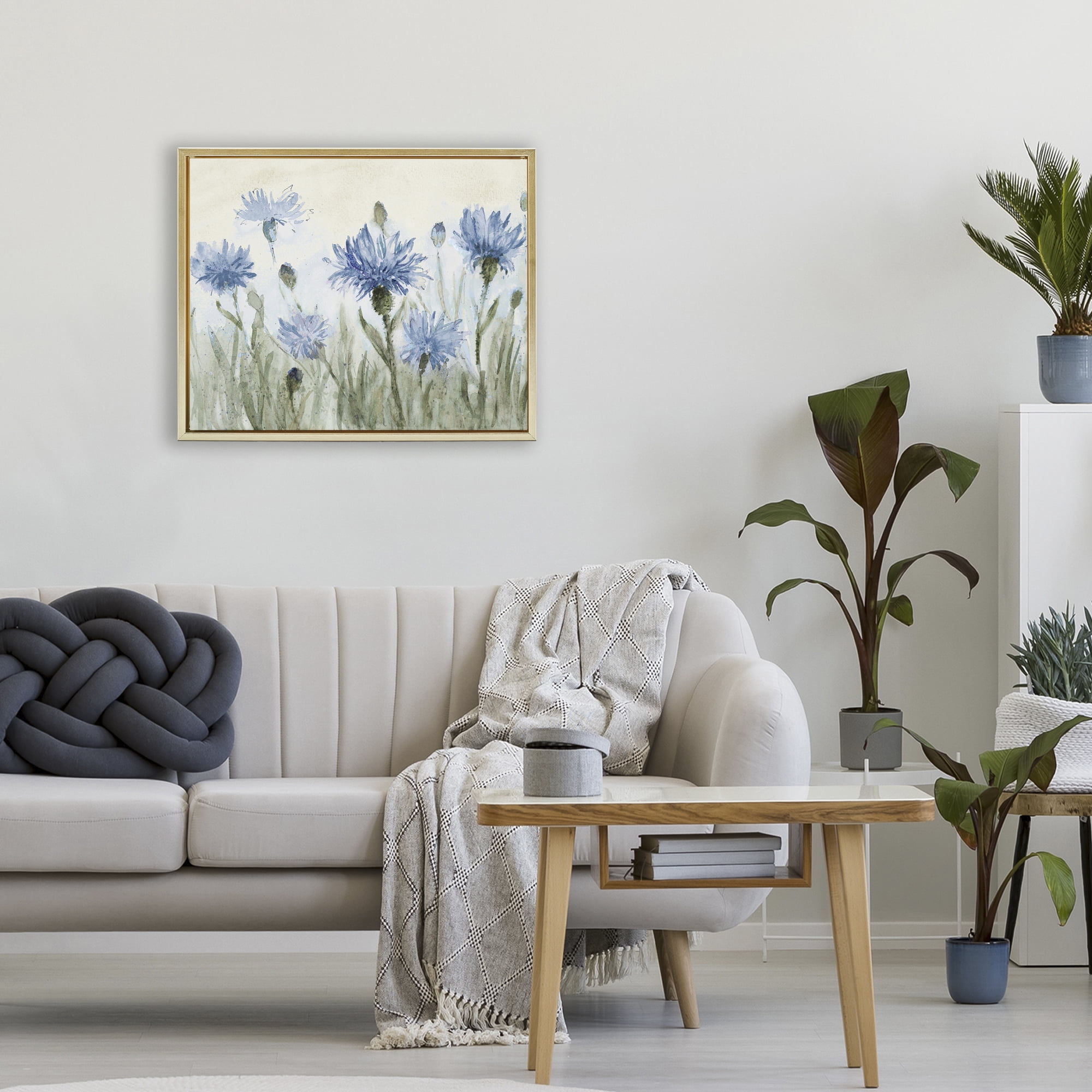 Stupell Industries Blue Cornflowers Meadow Gold Framed Floater Canvas Wall Art, design by Lanie Loreth