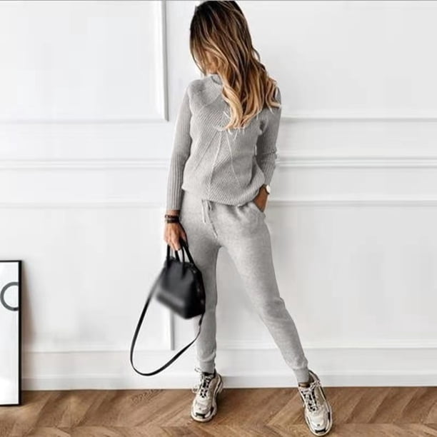 Conjunto de suéter y pantalones casuales de moda de color sólido con cuello alto para mujer