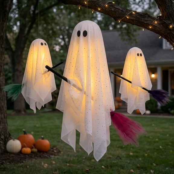 Cififendec 3Pcs Halloween Hanging Ghost Ornaments, 27.56", Mesh Fabric Light Up Flying Ghost On Broom for Front Yard Display Matching Option
