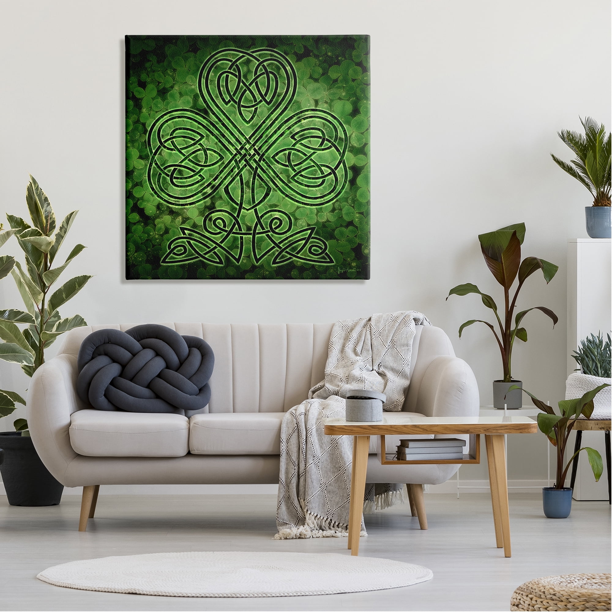 Stupell Industries Green Celtic Shamrock Knot Abstract Painting Gallery Wrapped Canvas Art Print Wall Art, 36 x 36