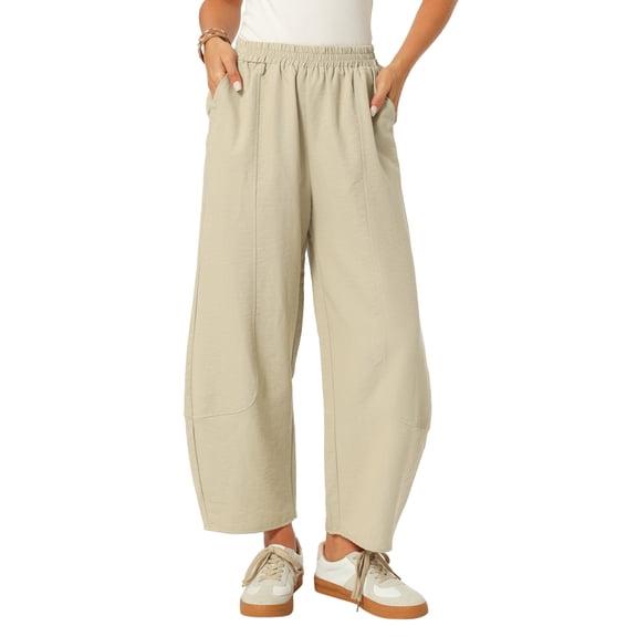 INSPIRE CHIC Women's Baggy Wide Leg Pants Elastic Waisted Casual Palazzo Harem Pant Ankle Lantern Summer Beach Trousers S Khaki