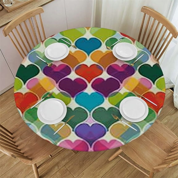BANET Decorative Round Table Cover Elastic Tablecloth, Rainbow Polyester Fitted Table Cover Elastic Edged, Color Geometric Abstract Pattern Print Fabric Table Cover, Fits Round Table 46"-50