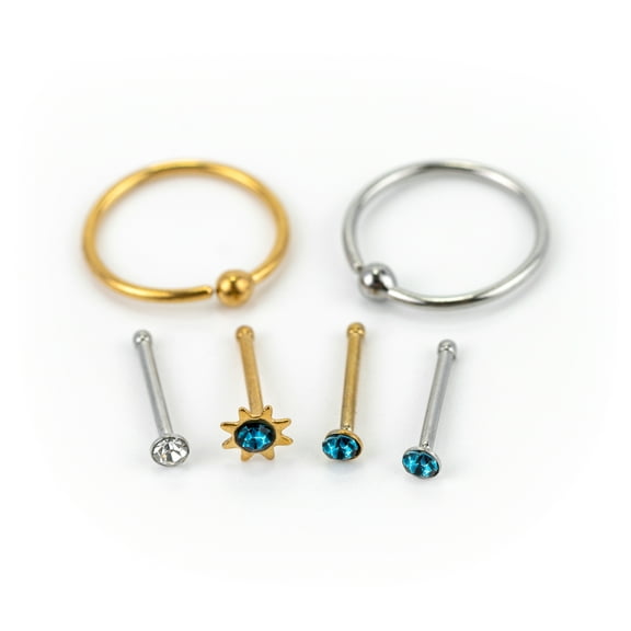 Claire's Women's Stainless Steel 20G Starburst Mixed Nose Rings, Bar Closure, 6 Pack, 70503