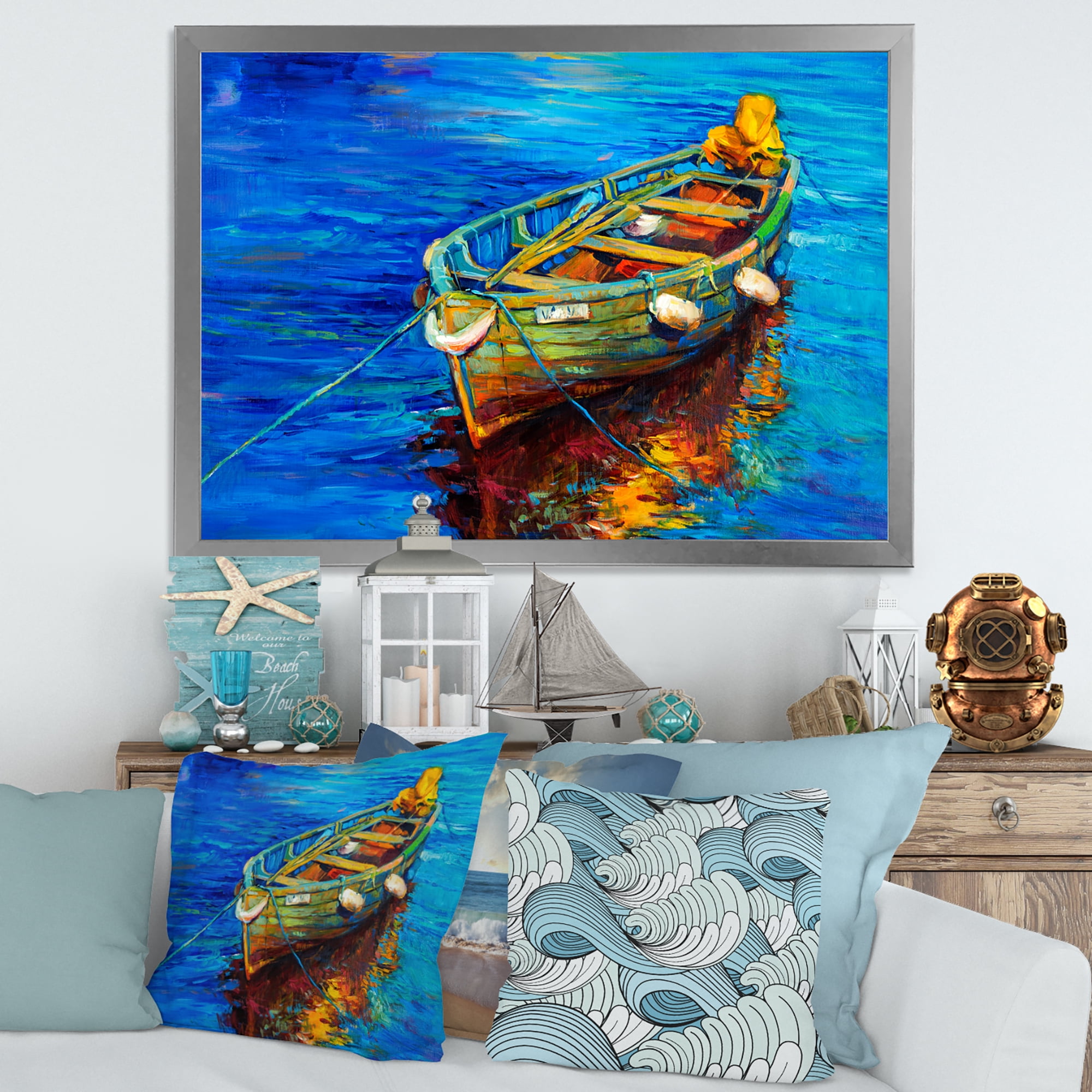 Designart 'Boats During Warm Sunset Resting On The Water IV' Nautical & Coastal Framed Art Print