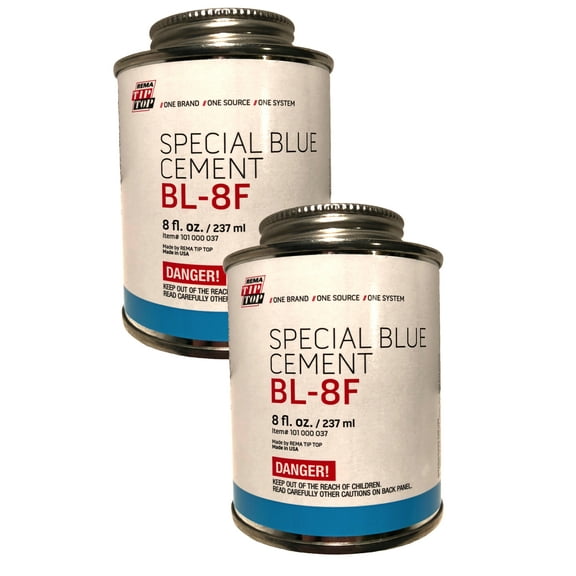 Two 8 oz. cans of BL-8F Rema Special Blue Cement USA Rubber Bonding Tip Top