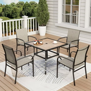 5-Piece Outdoor Patio Dining Set with 4 Textilene Chairs & 1 Wood Grain Table, Black & Gray-brown